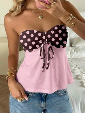 Strapless Pink & Brown Polka Dot Tie-Front Tank Top